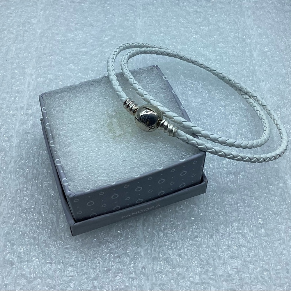 Pandora,” 22CM/8.6” Double Ivory White Braided Leather Round Clasp Bracelet,